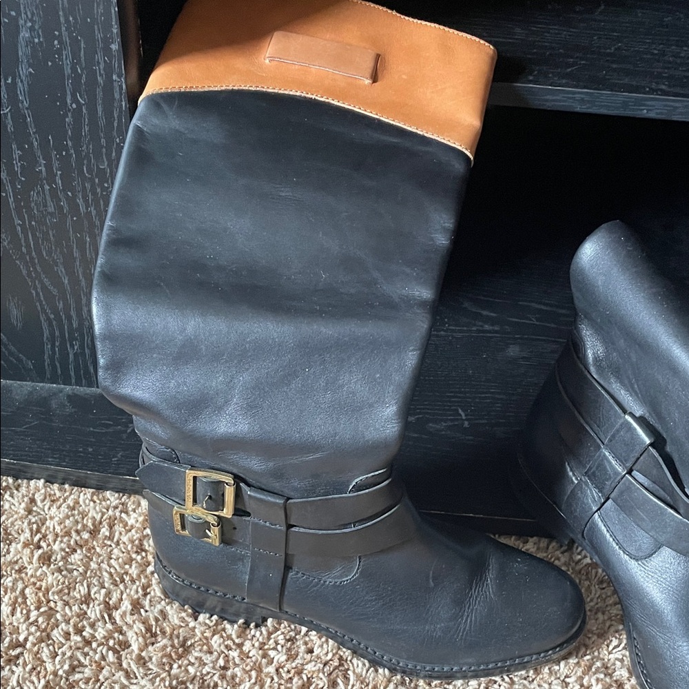 Rachel Zoe Black Leather Riding Buckle Boots with Tan Trim - Picture 3 of 11